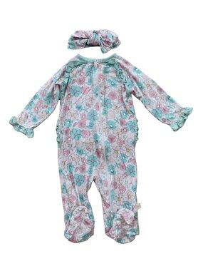 Milkberry Size 3-6 Months Floral Seashell and Matching Bow Bamboo Footie Pajamas